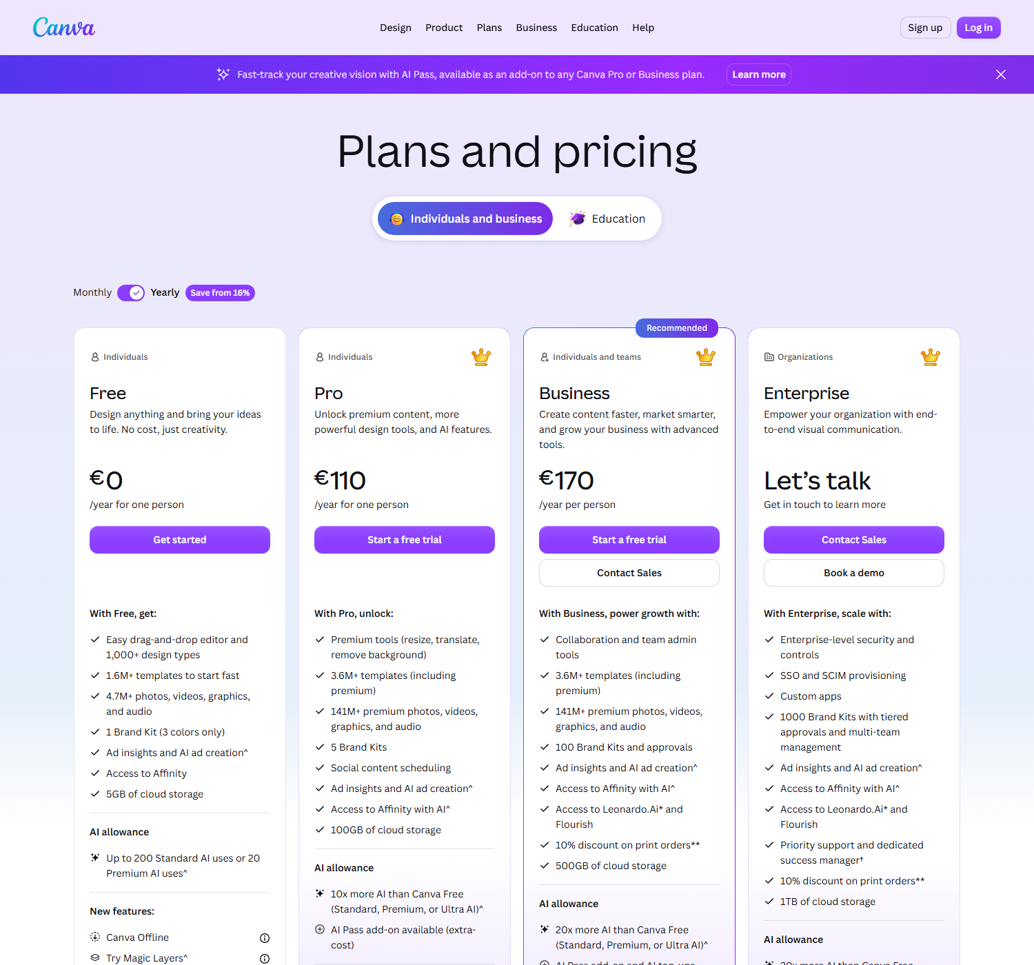 Canva's live plans and pricing page on 29 July 2026, showing Free, Pro, Business and Enterprise cards with yearly pricing