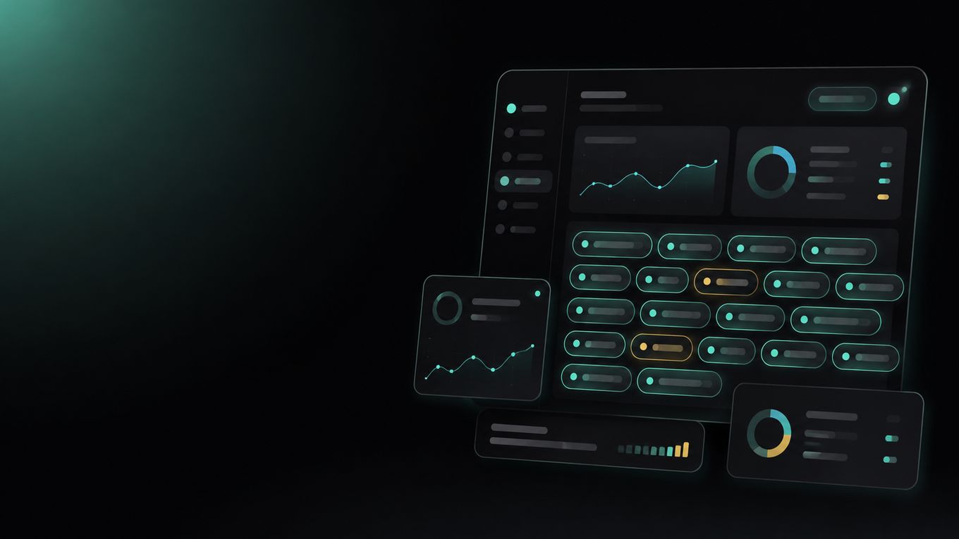 Abstract flat illustration of rounded keyword chips and an unlabelled rising line on a dark background