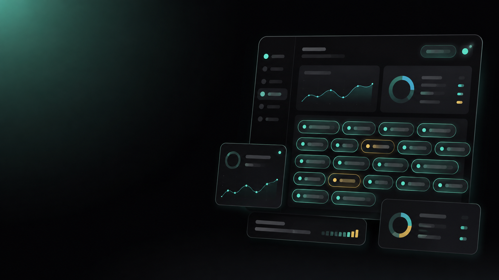 Abstract flat illustration of rounded keyword chips and an unlabelled rising line on a dark background